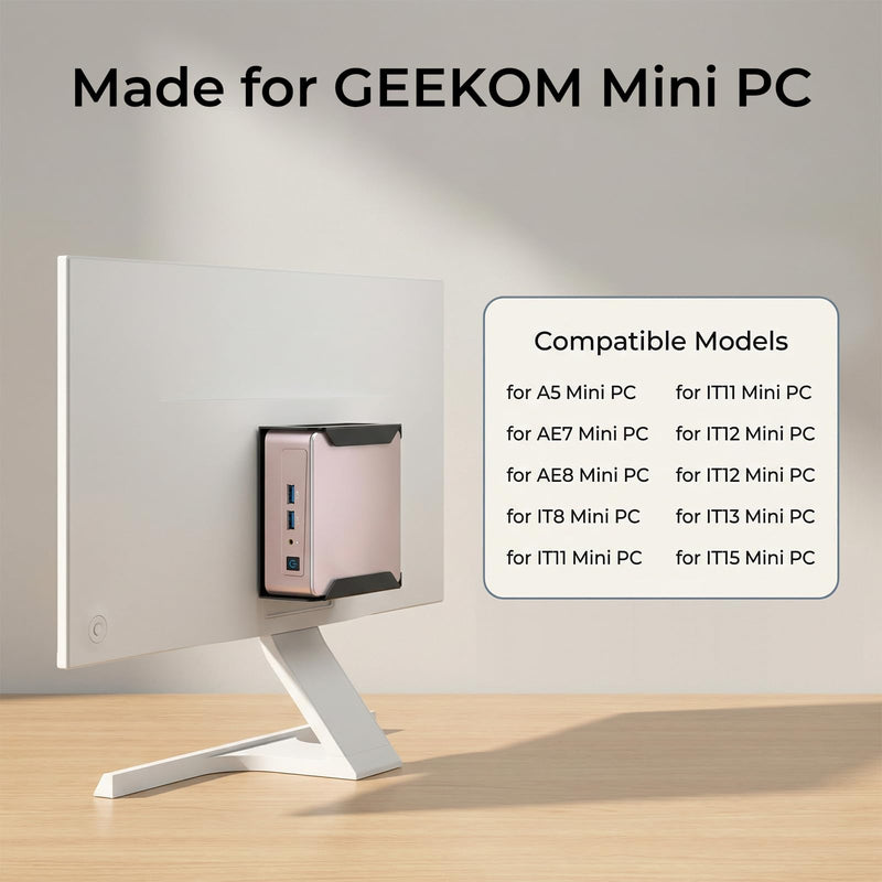 Metal Mini PC Mount for GEEKOM A5, AE7, AE8, IT8, IT11, IT12, IT3, IT15 Mini PC, Vesa/Wall/Under Desk, for GEEKOM Mini PC Wall Mount, Easy to Install, Black