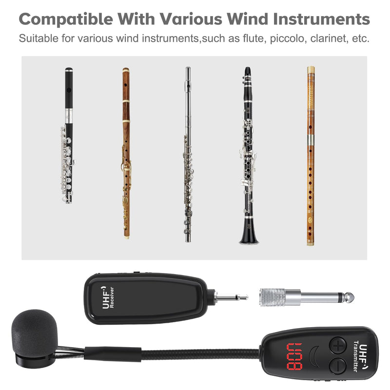 XIAOKOA Wireless Microphone,UHF Wind Instrument Clip Microphones,Rechargeable Receiver and Transmitter Mic System,130ft Range with Digital Screen,Great for Flute, Piccolo, Clarinet