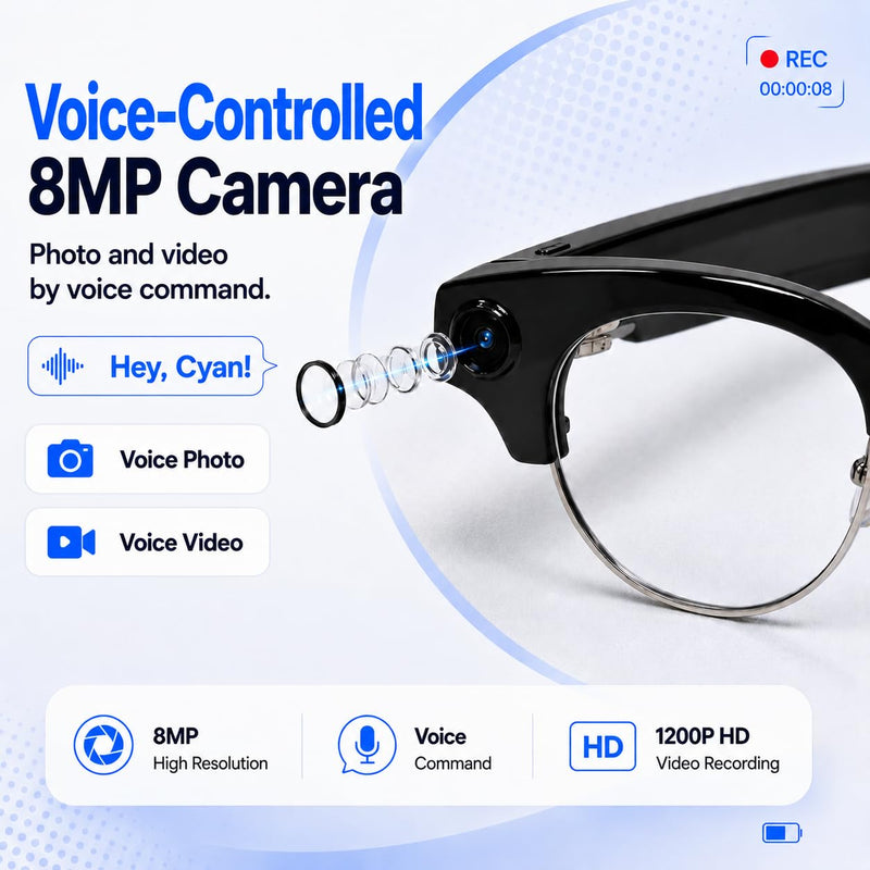 AI Smart Glasses with Camera for Play Music Work Travel Translation | 8MP camera, 1200P video, voice control, real-time translation, object recognition, photochromic lenses and AI assistant