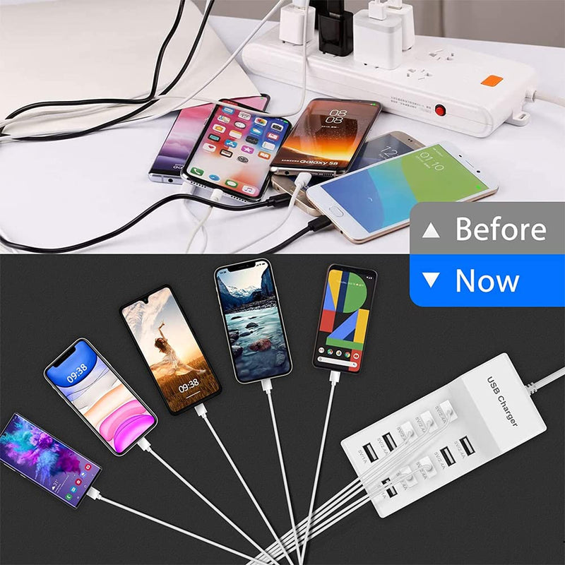 10-Port USB Wall Charger Station with Rapid Charging Auto Detect Technology Safety Guaranteed Family-Sized USB Ports for Multiple Devices Smart Phone Tablet Laptop Computer White