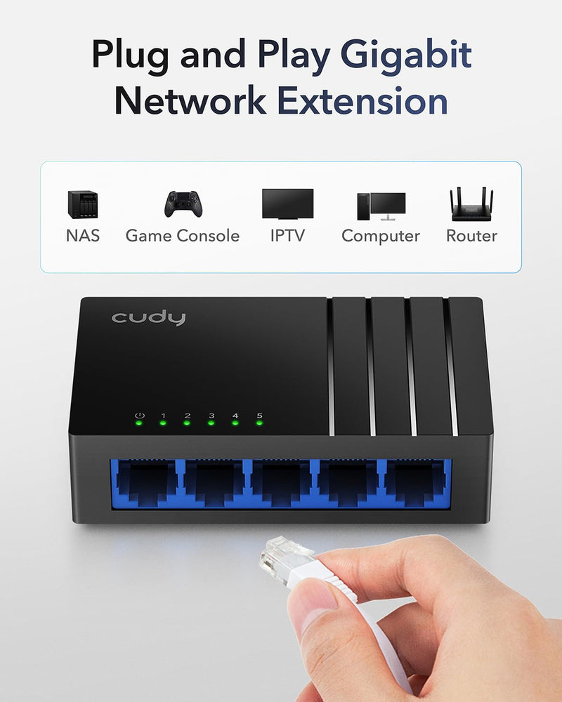 Cudy 5 Port Gigabit Compact Unmanaged Ethernet Switch, GS105D | 5x GbE RJ45, 10 Gbps capacity, 7.44 Mpps, 140m reach, IGMP snooping, silent plastic body, tabletop/wall install, 1.2W max