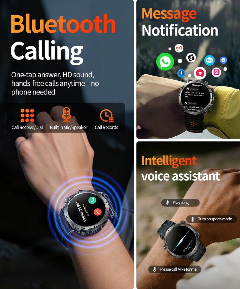 Military Smart Watch for Men, 1.7" HD Rugged Smartwatch with GPS, Bluetooth Call, 100+ Sports Modes, Heart Rate Blood Pressure Sleep Monitor, IP68 Waterproof Fitness Tracker (Black orange Band) Black orange Band