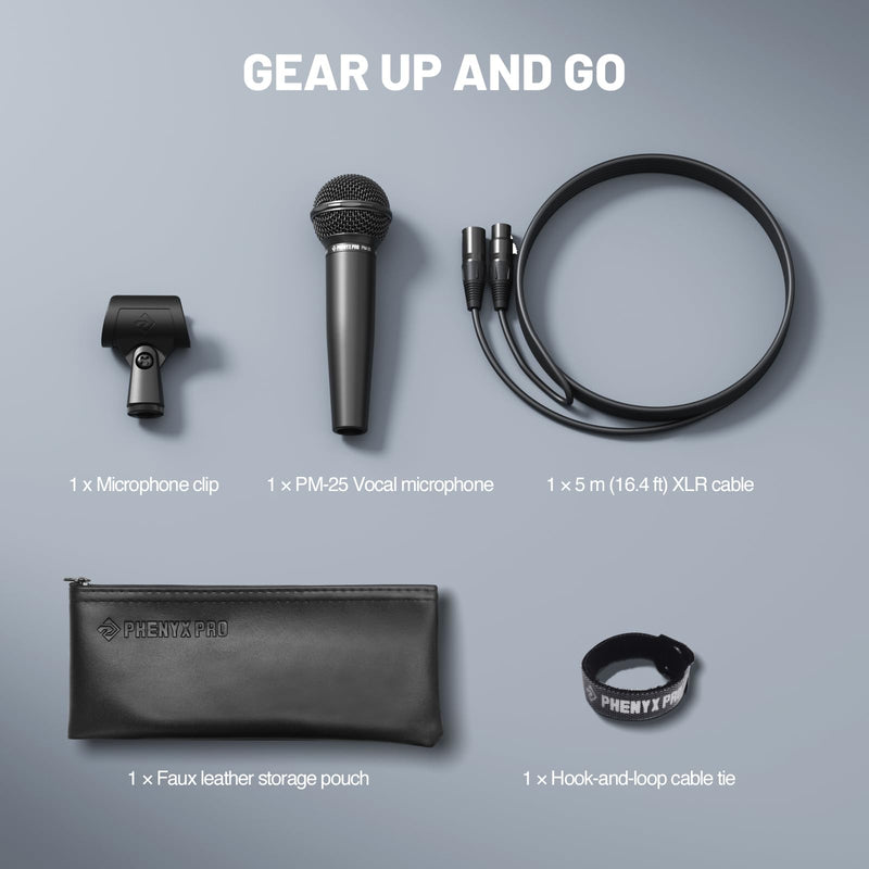 Phenyx Pro Dynamic Vocal Microphone, Cardioid Microphone with 16.4 ft XLR Cable, Mic Clip, Storage Bag, Wired Handheld Mic for Singing, Stage, Studio, Karaoke (PM-25)