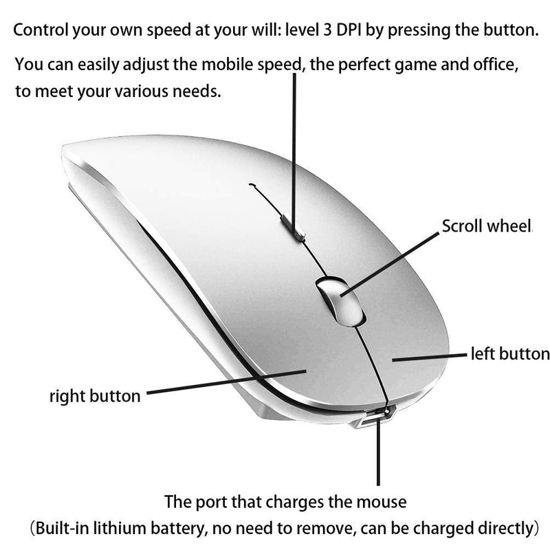 Rechargeable Bluetooth Mouse for Laptop iPad Pro iPad Air MacBook Pro MacBook Air Wireless Mouse for Laptop Mac MacBook Chromebook Win8/10 silver