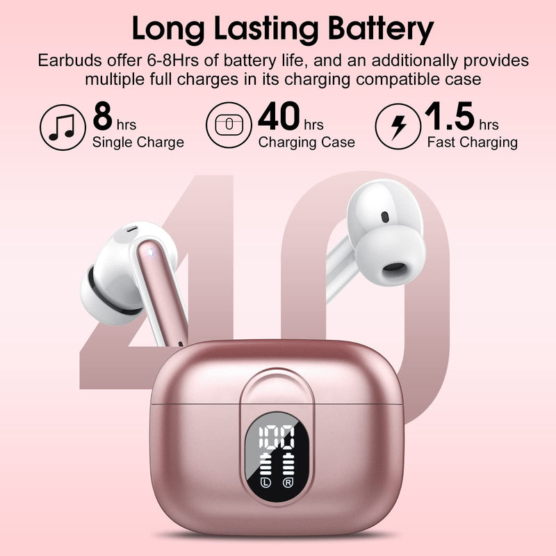 Wireless Earbuds, 2024 Bluetooth Headphones 5.3 HiFi Stereo Earphones, 40H Playtime in-Ear Earbud, Bluetooth Earbud with Dual Mic Call, IP7 Waterproof Earphones Sport Headset for iOS Rose