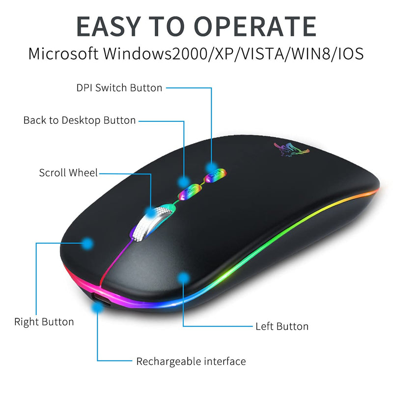 [AUSTRALIA] - HOTLIFE LED Wireless Mouse, Slim Rechargeable Silent Portable USB Optical 2.4G Wireless Bluetooth Two Mode Computer Mice with USB Receiver and Type C Adapter (Black) Black 