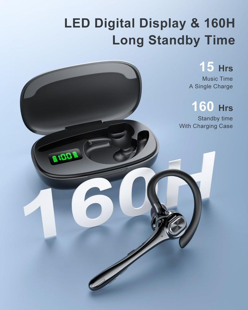 Earbuds Wireless Earpiece Bluetooth Headset with Noise Canceling Mic 160H Standby Time Hands Free Earphones Single Ear Headphone for iphone Android Samsung Cell Phones PC TV Computer Game Trucker Work Black
