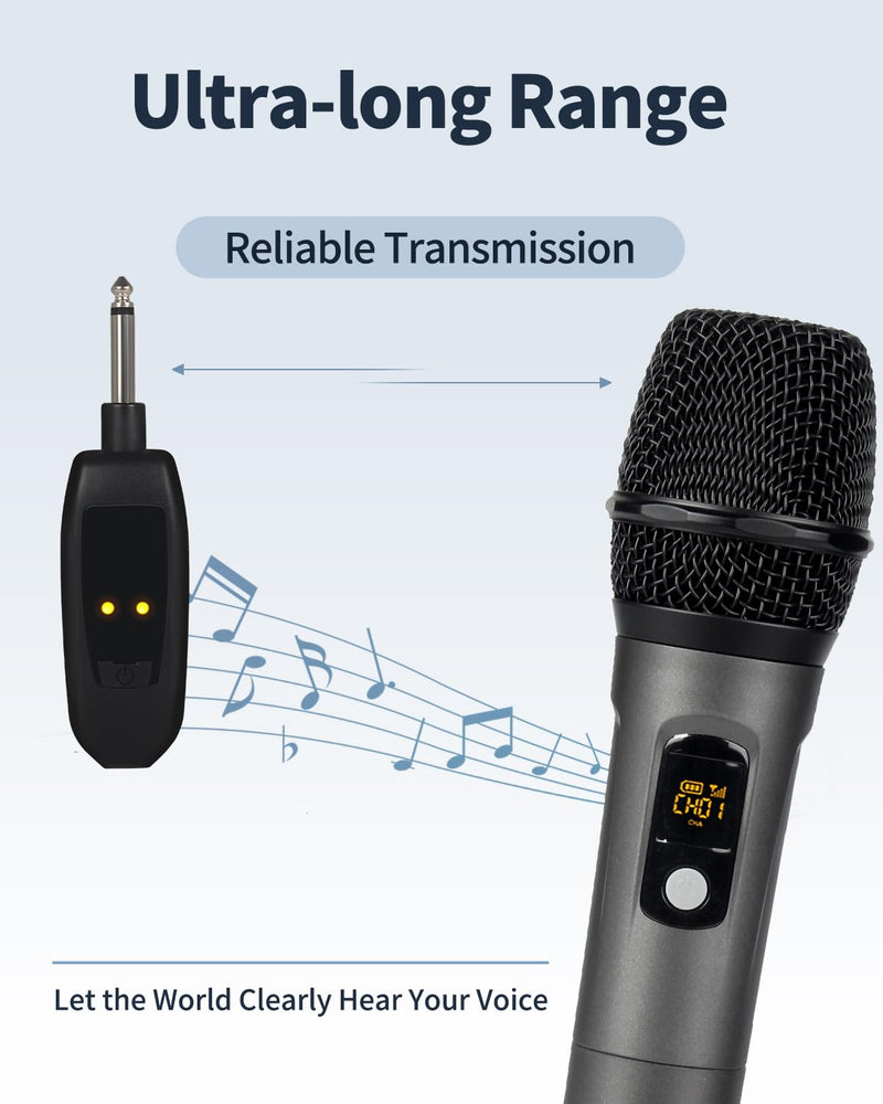 Wireless Microphone System, Dual Cordless Mics with 2.4GHz Signal, Rechargeable Plug & Play Dynamic Microphones for Karaoke, Church, Wedding, Speech, 250ft Range