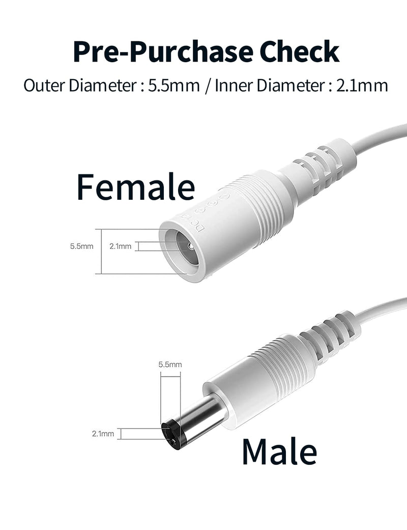 Tonton 6.6FT 2M DC Power Extension Cable 5.5 mm x 2.1 mm 5521 Male to Female 12V DC Adapter Cord Compatible with CCTV Security IP Camera, Survelliance DVR NVR System, LED Strip, Monitors (White) 6.6FT/2M White