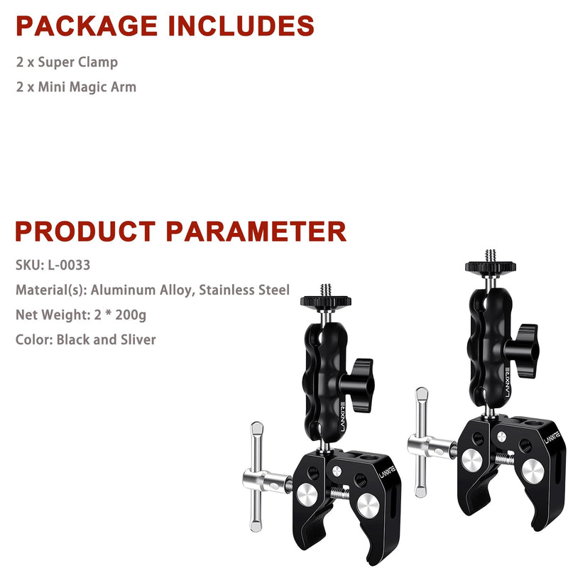 [AUSTRALIA] - Camera Mount Clamp with Double Ball Head Adapter - 2 Pack. Compatible with LED Lights, Gopro, Insta360, DJI Action, Ronin-M, Ronin MX. 360° Ballhead and 1/4’’ + 3/8’’ Thread Hole. 