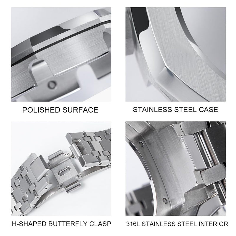GA2100 Stainless Steel Watch Band Case Mod Kit, Smooth Bezel without Nails Metal Strap Accessories Compatible with Casio Mens G-Shock GA2100/GA-2110 Watches Silver