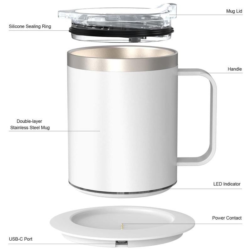 Self Heating Coffee Mug Warmer, 12oz Smart Mug Automatic Shut Off, USB Rechargeable Heated Coffee Mug with Lid for Travel/Office/Home