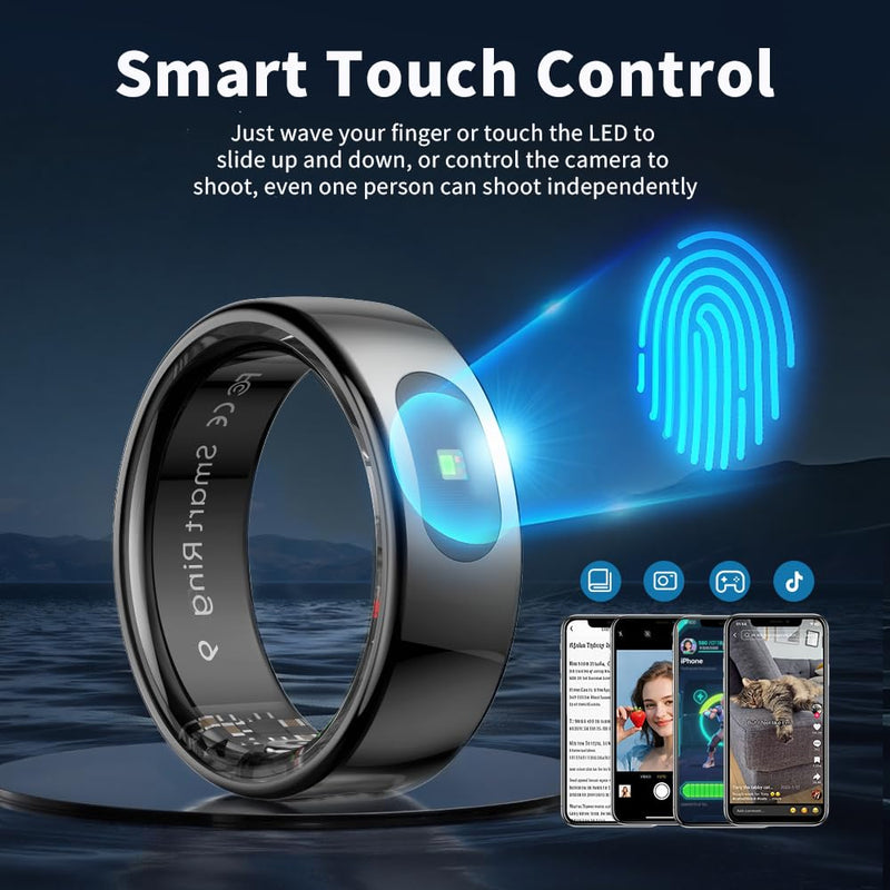 LED Touch Smart Ring for Women Men- Fitness Tracker with Heart Rate, Blood Oxygen, Sleep Tracker, Step Counter, 5ATM Waterproof, Touch Control Music/Video, No Subscription Fee for iOS/Android Black #8