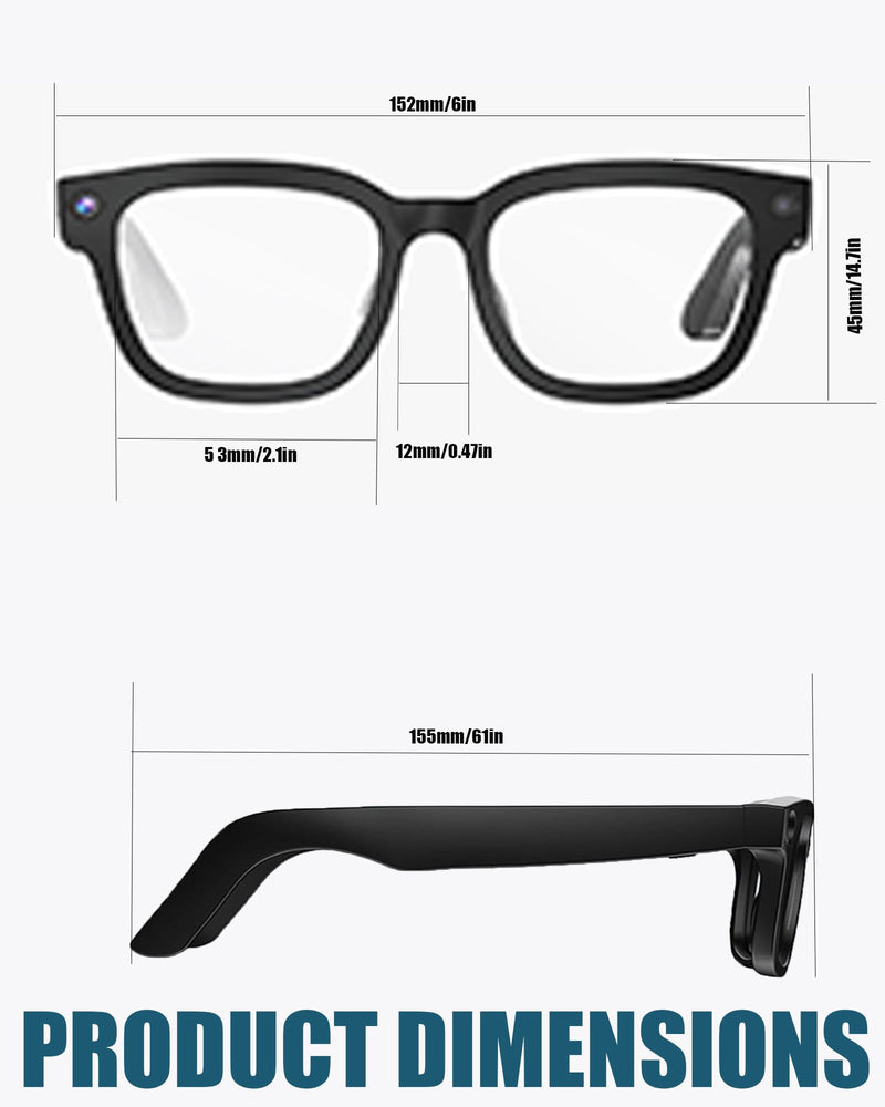 ZXQ Smart AI Camera Sunglasses, Black Frame with Dark Lenses, Digital Recording Eyewear for Photos and Videos Black + Clear Lens