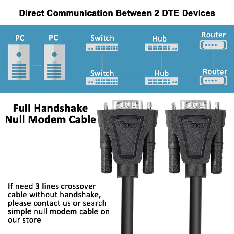 DTech DB9 RS232 Serial Cable Male to Male Null Modem Cord Full Handshaking 7 Wire Crossover for Data Communication Compatible with Computer Network Switch Router (1.5 Feet, Black) 1.5ft