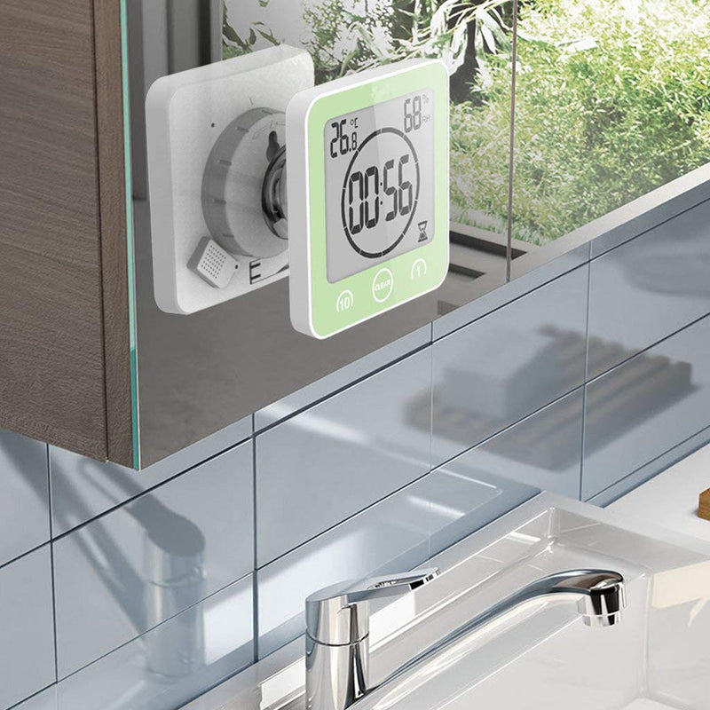 [AUSTRALIA] - Digital Bathroom Shower Wall Clock Timer with Alarm, LCD Display, Waterproof, Temperature, Humidity, 12/24hr Time, 10/1 Minute Timer, Compact, Easy to Install, Green 