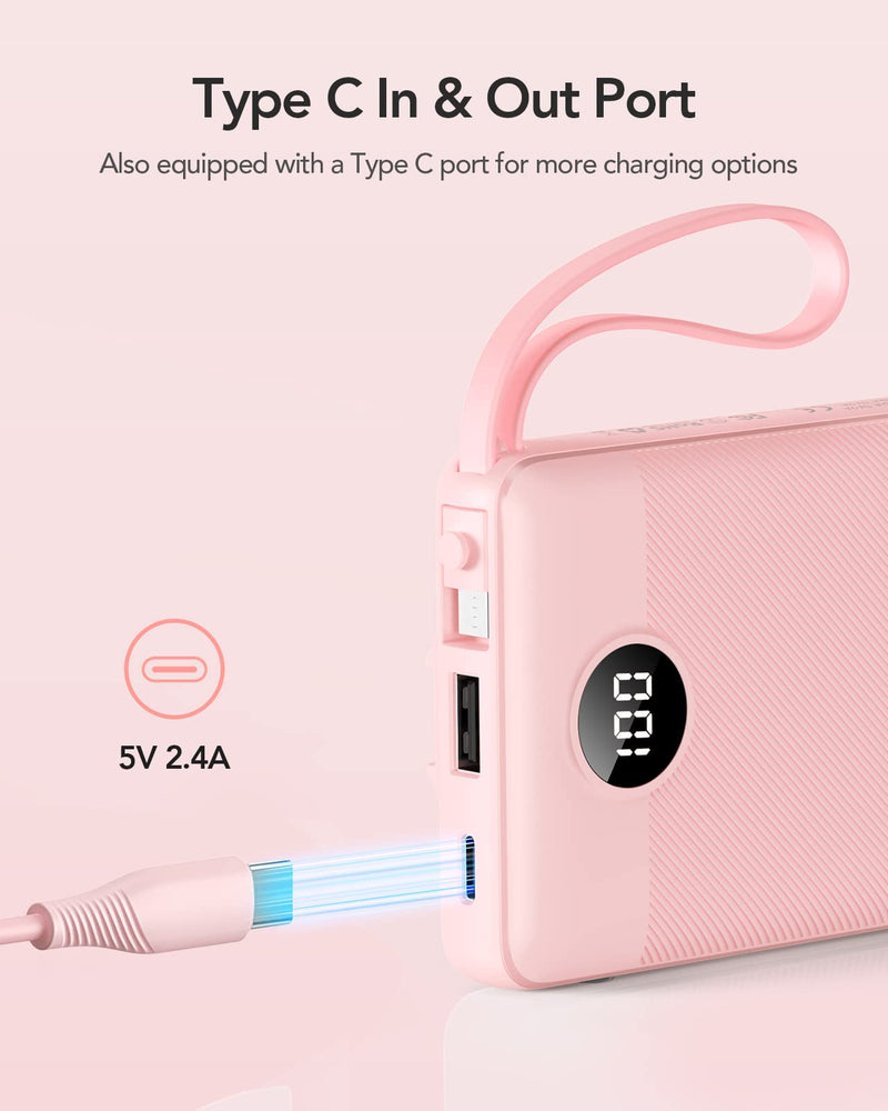 VRURC Portable Charger 10000mAh, Slim LED Display Power Bank, 5 Output 2 Input Cell Phone Battery Pack, Built-in Micro & USB C Cables Phone Charger Compatible with iPhone,Samsung,Android-Pink(1 Pack) Pink