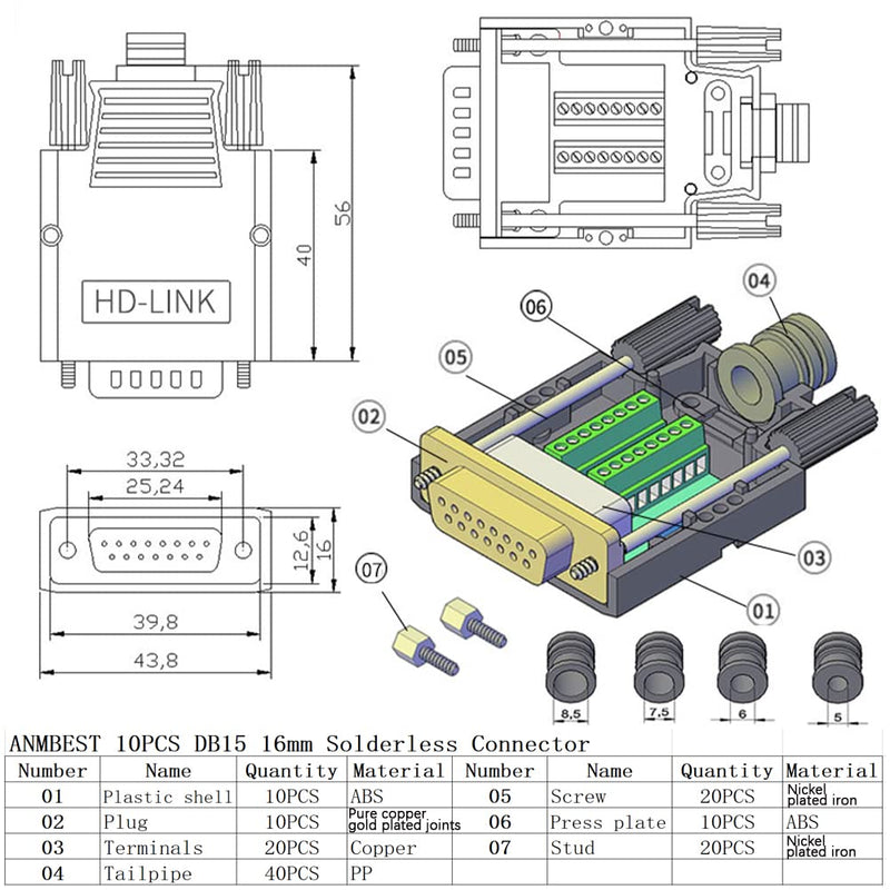 10PCS DB15 Solderless Serial to 15 pin Terminal Female Adapter | 16mm Thinner, RS232 Terminal Female Adapter, Breakout Board, with Case Long Bolts Nuts, 10PCS Female 10PCS Thin Female