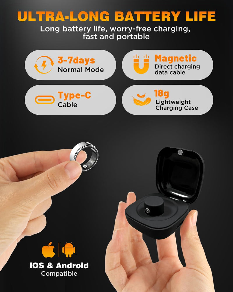 Smart Ring Health Tracker with Charging Case Sleep Heart Rate & Blood Oxygen Monitor 5ATM+IP68 Waterproof Fitness Ring No Subscription 3-7Day Battery iOS & Android Compatible for Men Women silver 9#