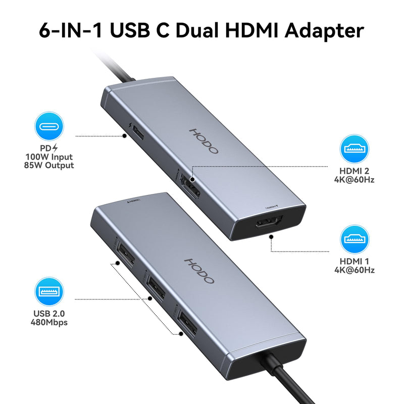 Docking Station to Dual HDMI Monitors Adapter, USB C Hub Dual HDMI Monitors for Laptops, USB C Adapter with Dual HDMI 4K@60Hz, 3 USB Port,PD, Compatible for HP Elitebook, Dell XPS 13/15, etc 6 Port 2HDMI