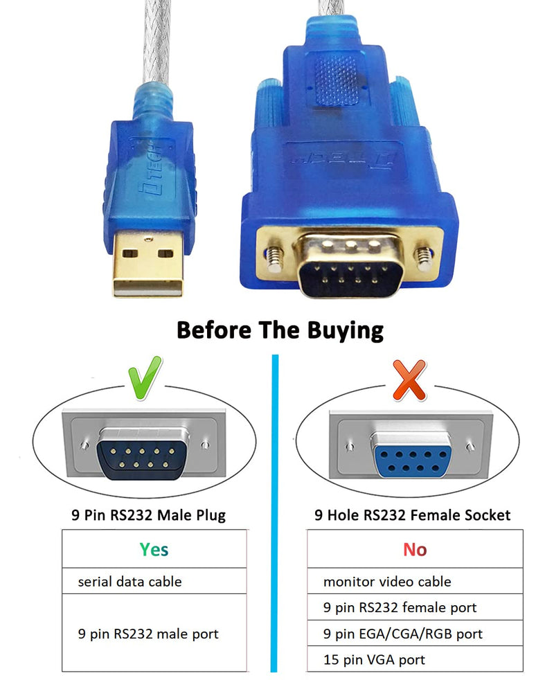 DTech USB to Serial Adapter Cable with FTDI FT232RL Chipset DB9 RS232 Male Port Supports Windows 11 10 8 7 and Mac Linux (6 Feet) (Pack of 2)