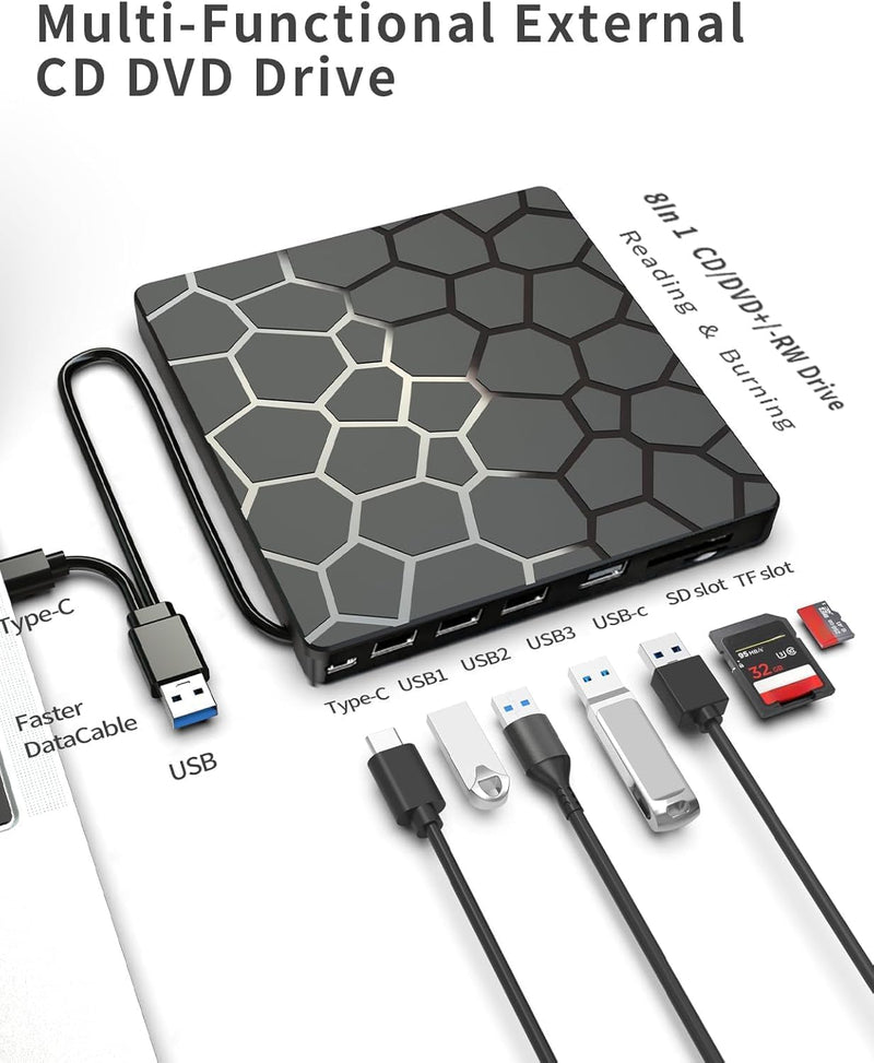 8 in 1 External CD DVD Drive USB 3.0 and Type-C Disc Reader Burner Player | Optical Drive for PC Laptop Desktop MacBook Mac Windows Linux OS Apple 8 in 1