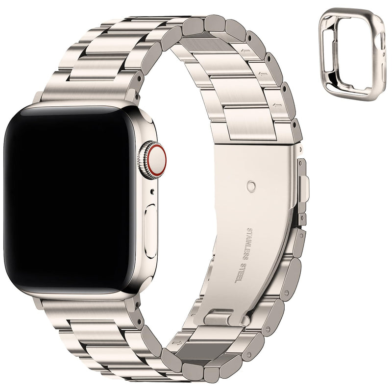 Fullmosa Compatible Stainless Steel Apple Watch Band with case Ultra/Ultra2 49mm Starlight with Case & Compatible Leather Apple Watch Band Ultra/Ultra2 49mm.Whote