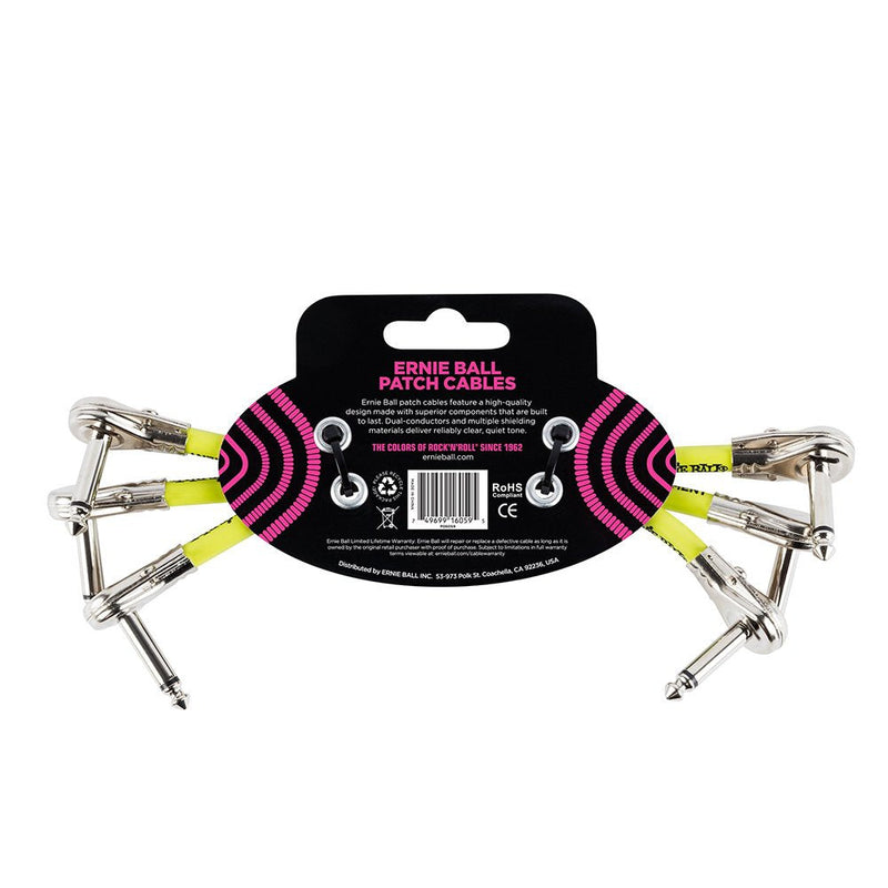 Ernie Ball Patch Cable 3-Pack, Flat Angle/Flat Angle, 6in, Black (P06059) 6 inch