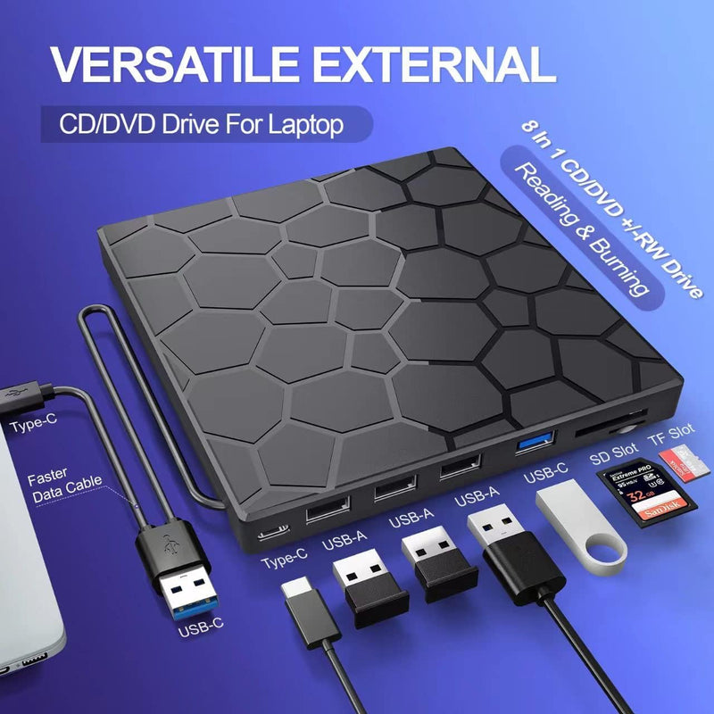 BPAKDU External CD/DVD Drive for Laptop, DVD Player for Laptop with Carrying Case, 8 in 1 USB 3.0 Ultra-Slim Portable, CD Burner External Optical Compatible with Desktop Mac,Windows 11/10/8/7