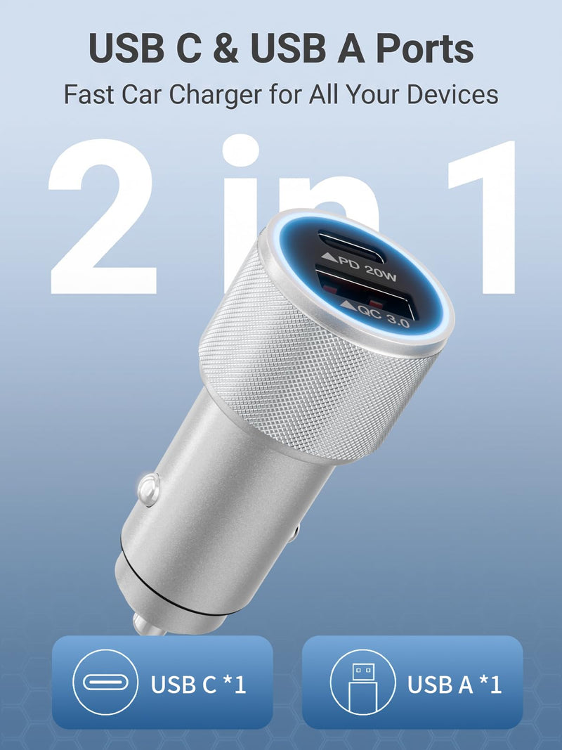 iPhone 17/16/15 Car Charger Fast Charging 2-Port Cigarette Lighter USB Charger,Dual USBA and USB C Car Adapter 2Pack Compatible with iPhone 17e/17 Pro/Air/16e/16 Plus/15 Pro Max,iPad mini/Air,Airpods