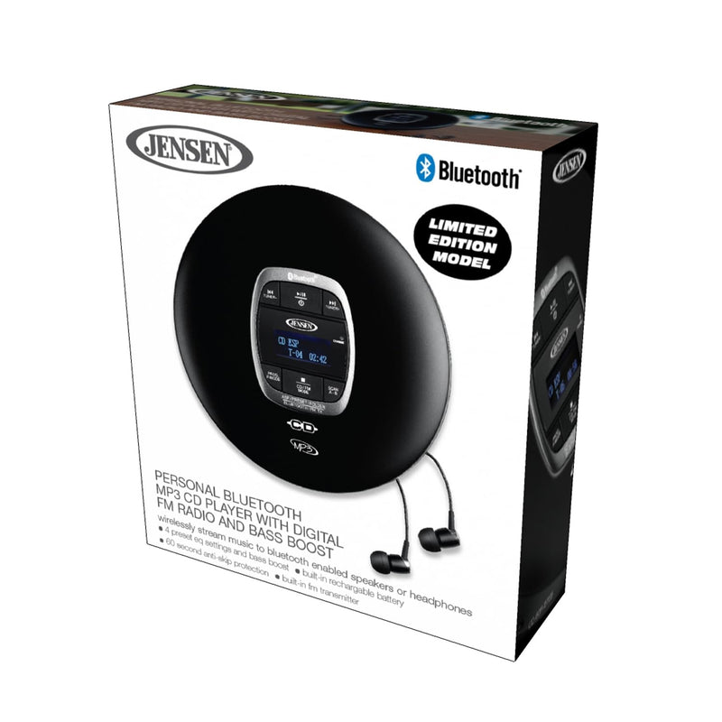 Jensen Portable CD Player Bluetooth 5.0 for Car with FM Transmitter, MP3 CD Playback, 60 Sec- Anti-Skip, Bass Boost, Rechargeable CD Player, Stereo Sport Earbuds (Matte Black)