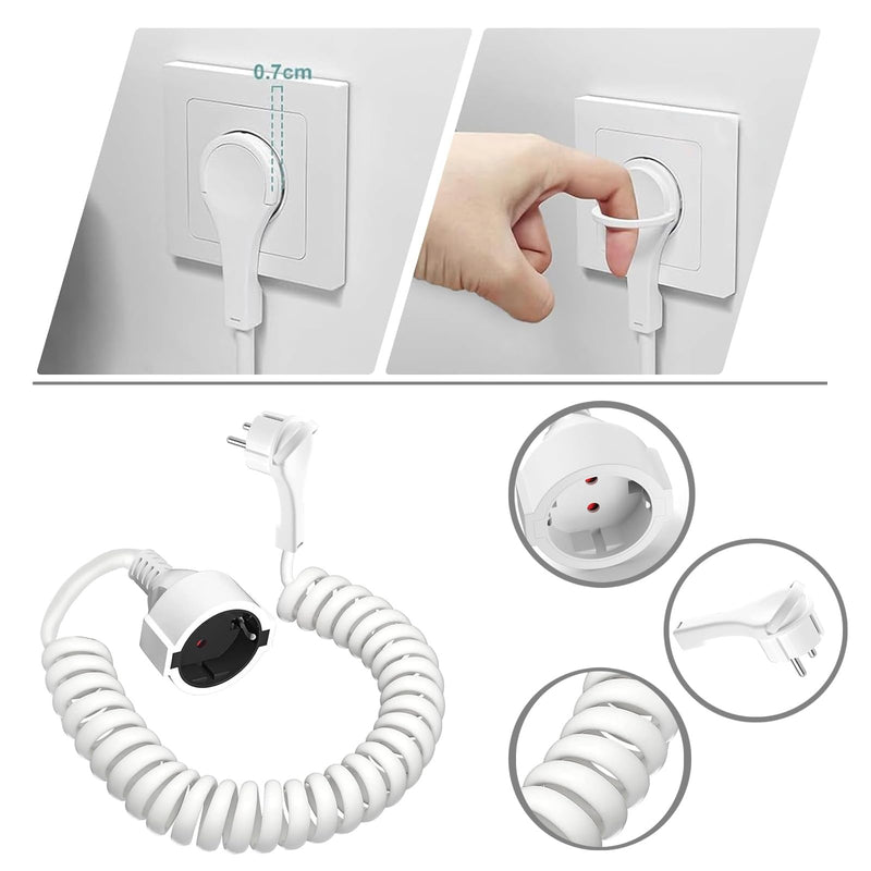 Earthing Contact Spiral Extension, 0.8 m to 2 m Stretchable Spiral Cable with Flat Plug and Earthing Contact Coupling, (230 V/16 A) PVC Extension Cable, IP20, White WS 2M LG
