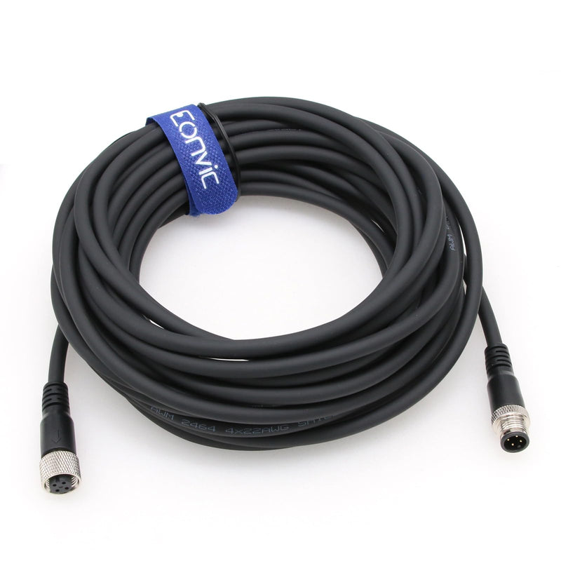 Industrial 10M Black M12 A Code 4 Pin Male to Female Sensor Cable, Cat 6 Ethernet, Profibus Compatible