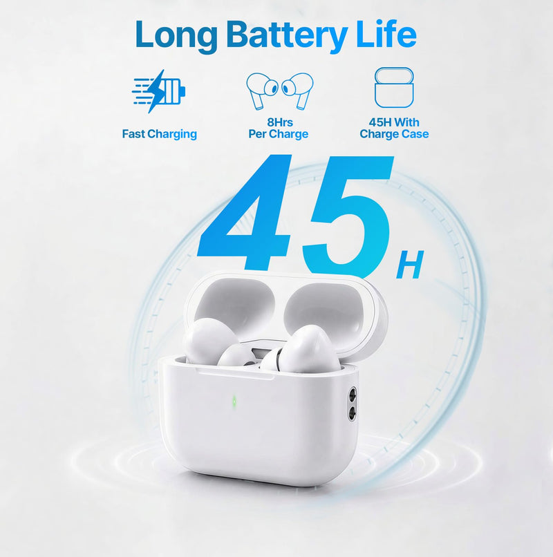 Wireless Earbuds Pro, Bluetooth 5.3 Bass Stereo Sound Headphones | ANC Noise Cancelling with 4 Mics ENC Clear Call, 45H Playtime, Touch Control in-Ear Earphone Compatible with iPhone/Android White