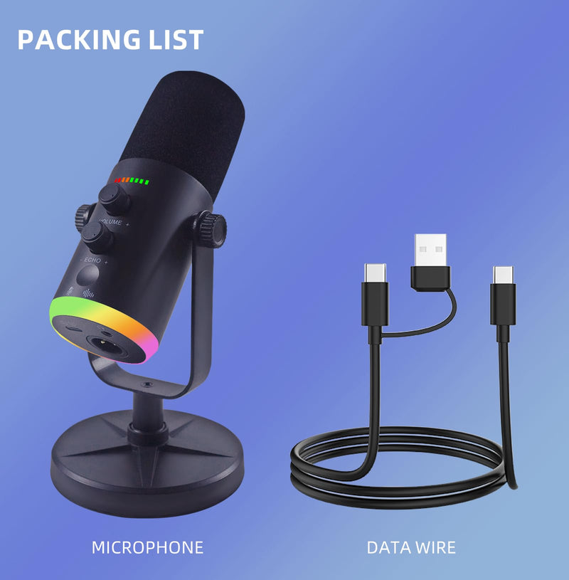 YU7 USB/XLR Dual-Mode Dynamic Gaming Microphone for PS5/PC/Mac/mobile Phones, 48kHz HiFi, Noise Reduction, RGB Gaming Light YouTube/TikTok Streaming Live mic, Can be Used for Microphone Stand