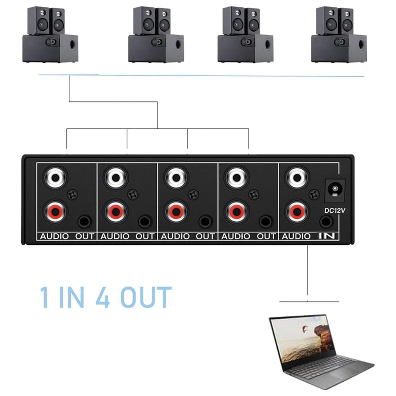 [AUSTRALIA] - 3.5mm Aux + RCA L/R Audio Splitter 1 in 4 Out, BolAAzuL 4-Way Stereo Audio Distributor Box 4-Channel Stereo RCA Splitter 1x4 for DVD Player, Game Console, Headphones, Speaker - w/Power 