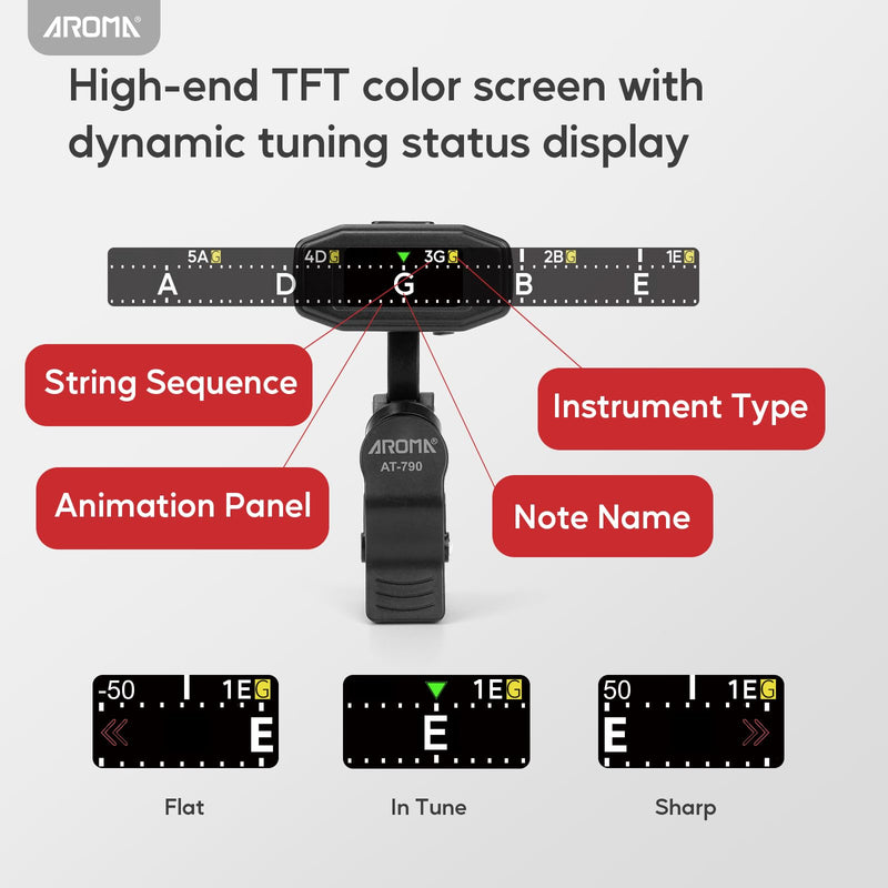 Aroma Guitar Tuner Clip On Rechargeable Chromatic Tuner for Guitar Bass Ukulele Violin Mandolin with TFT Screen Easy to Read in Strong Light