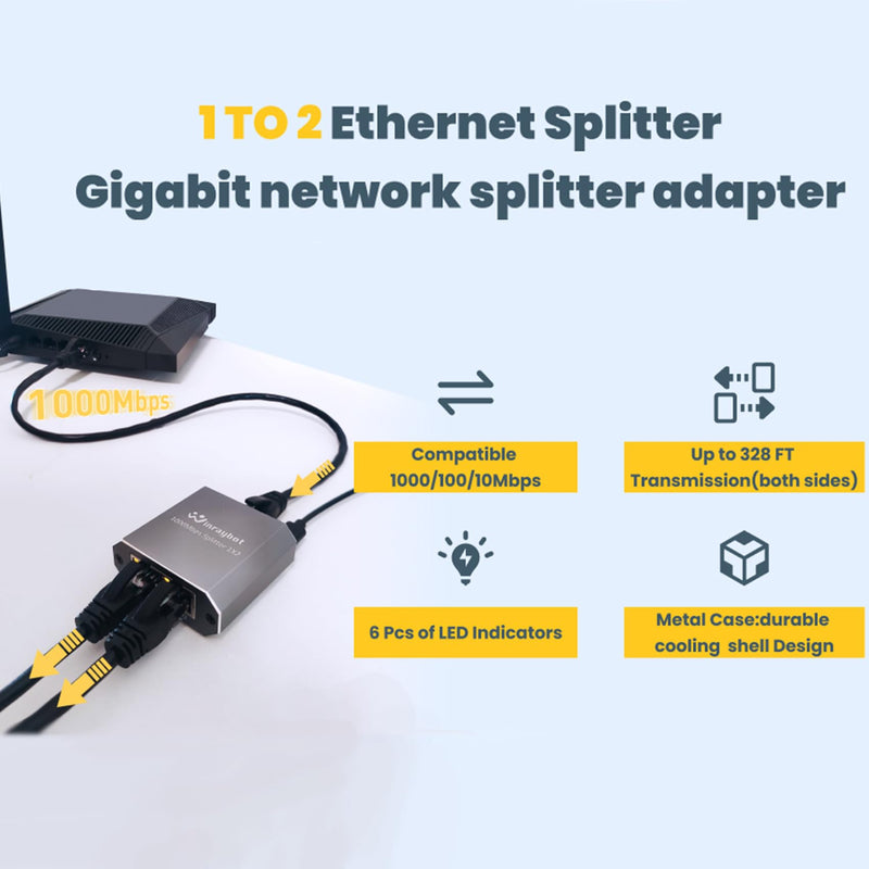 ethernet Splitter 1 to 2，Ethernet hub 2 Port Network LAN Adapter, 1000Mbps Network LAN Adapter for Cat 5/6/7/8 Cable, (2Pack*1GB Network Cable Splitter)