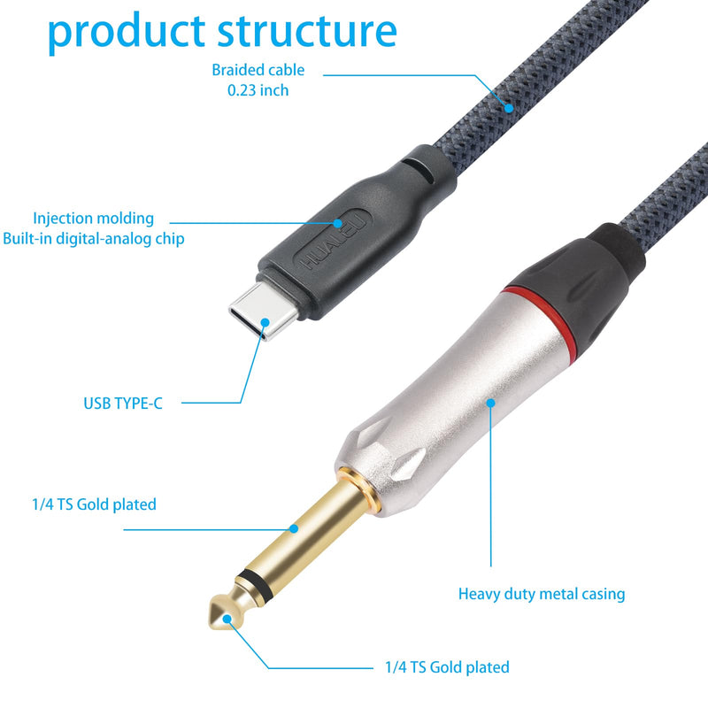 6.6Ft 1/4 to USB C Electric Guitar Recording Cable, USB C to 1/4 TS Electric bass Guitar Cable for Recording, Electric Guitar 1/4 TS 6.35 mm Male Jack to Computer, Smartphone 6.6Feet