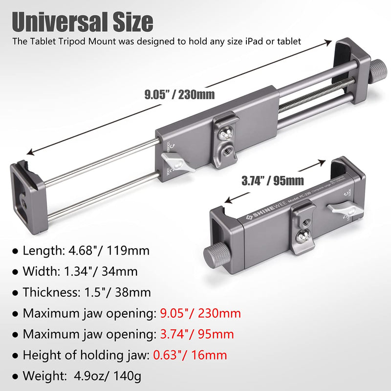 SHINEWEE Full Metal Tablet Tripod Holder - Compatible with iPad mini/Air/Pro | 1/4" Screw & Arca-Swiss Dovetail Mounts | Universal Tablet Clamp Adapter