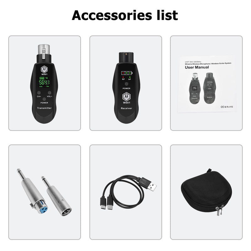 UHF Wireless XLR Transmitter and Receiver with 48V Power Supply,Rechargeable Mic Adapter 16 Channels 196ft Range for Dynamic/Condenser Mics,Audio Mixer,Electric Guitar Bass,PA System