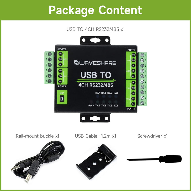 waveshare Industrial Isolated USB to RS232/485 Converter, Original FT4232HL Chip, Supports USB to 2-Ch RS232 + 2-Ch RS232/485, Wall-Mount & Rail-Mount Support