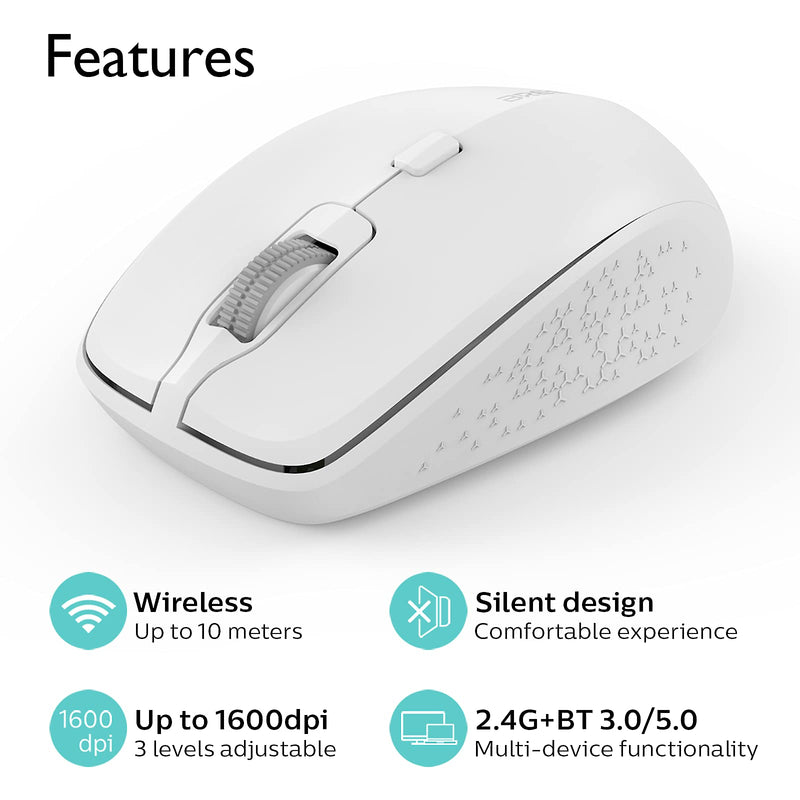 Wireless Mouse Dual Mode Bluetooth Mouse Wireless 2.4G Computer Mouse Optical Silent Mouse USB Receiver in The Mouse 3 Adjustable DPI Mice for MacBook Laptop Notebook PC Tablet (White) White