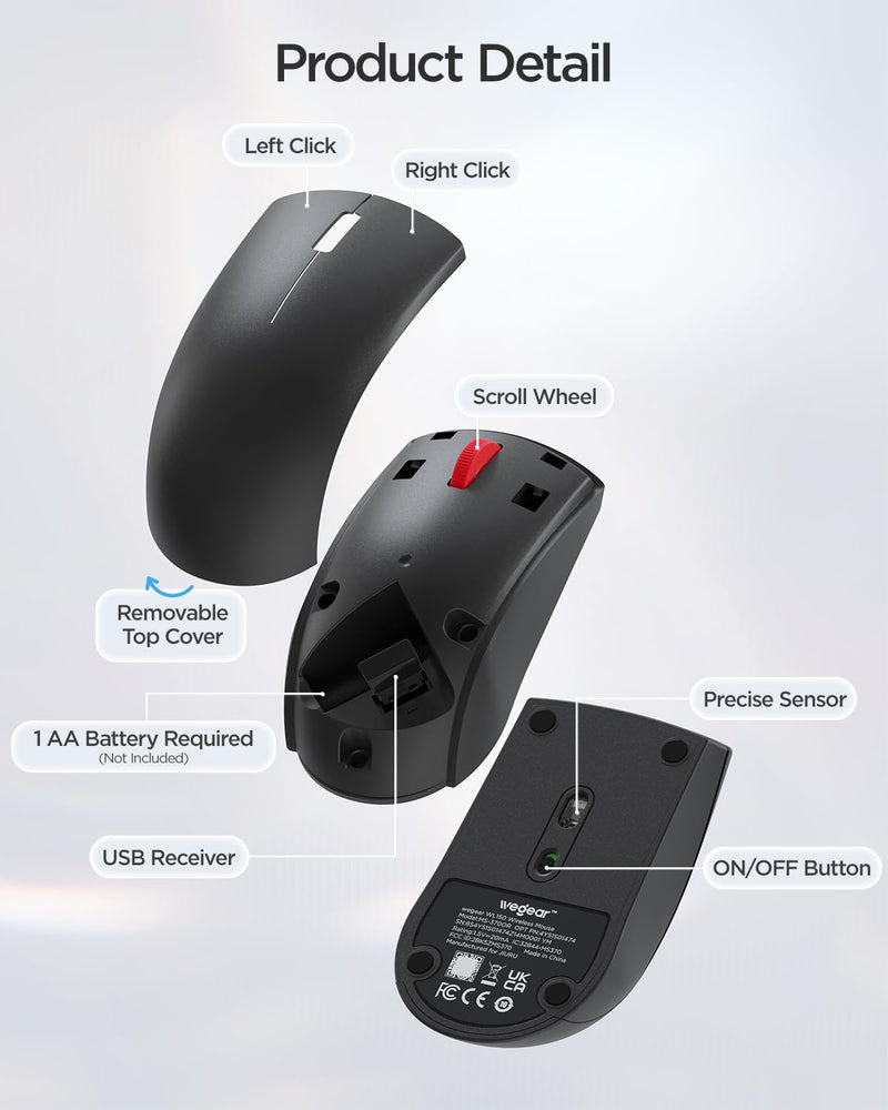 wegear USB Wireless Mouse for Laptop PC Mac, 2.4G Nano USB-A Mouse | Ambidextrous Cordless Mice, 1000 DPI Ergonomic Portable Optical Computer Mice for Business Travel, Home Office