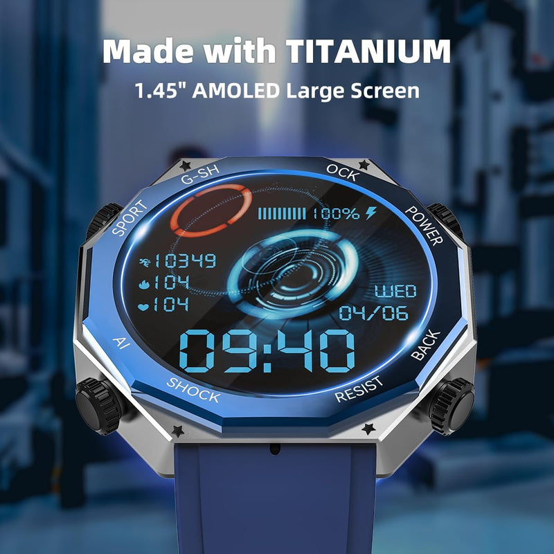 Rogbid Military Smart Watch for Men (Answer/Make Call) 1.45" AMOLED 680mAH IP69 Waterproof Smartwatch for iOS Android Phones Fitness Tracker Watch Heart Rate Blood Pressure Sleep Monitoring Blue