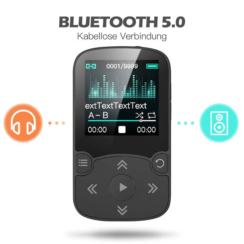 AGPTEK 32GB MP3 Player with Clip, Bluetooth 5.3 Lossless Sound with FM Radio, Voice Recorder for Sport Running, Supports up to 128GB TF Card, Black