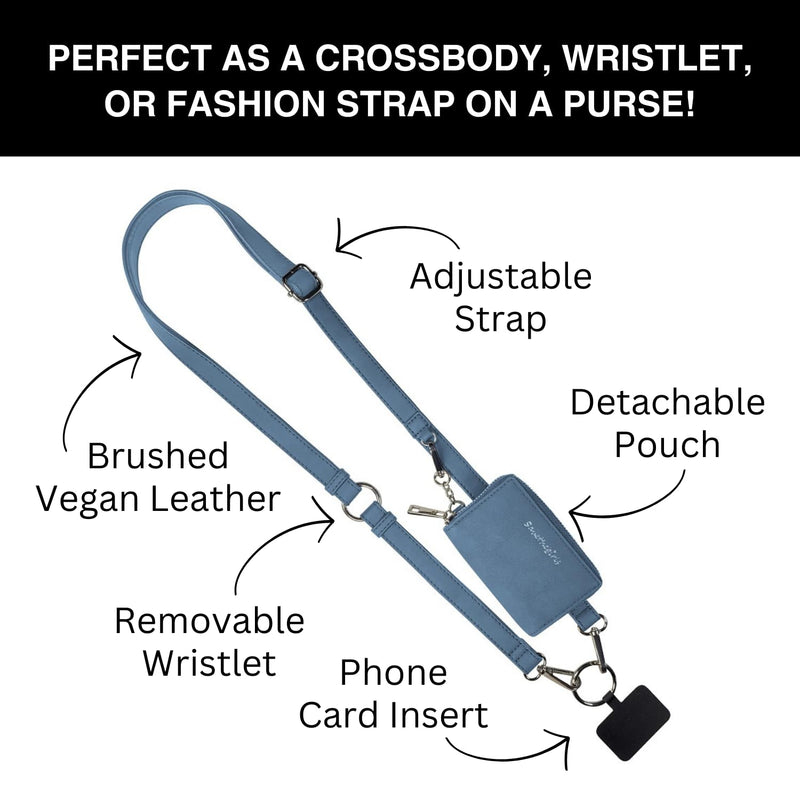 Save the Girls Clip and Go Brushed Vegan Phone Lanyard - Crossbody Phone Case with Pouch, Adjustable and Removable Strap Denim