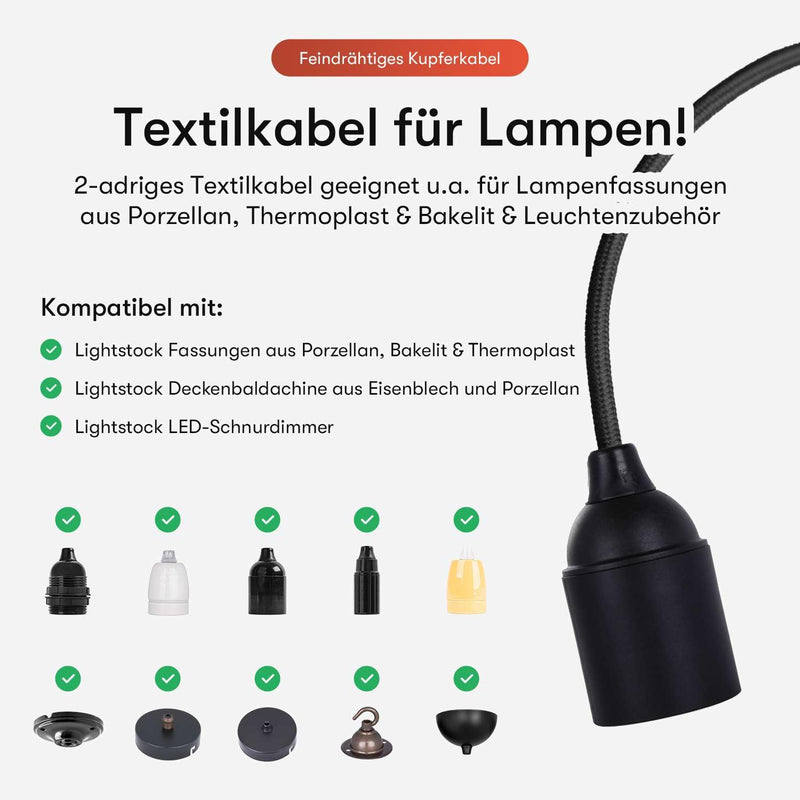 Textile Cable for Lamps, Various Colours, 2 Core, 2 x 0.75 mm2, black 3 Meter