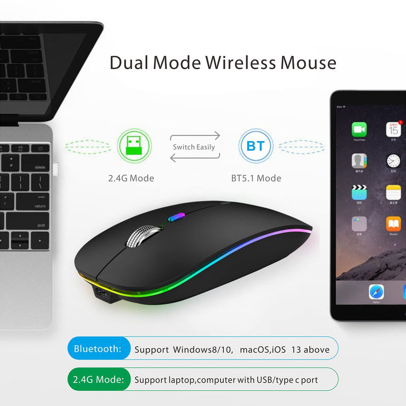 TENMOS Wireless Bluetooth Mouse, LED Slim Dual Mode (Bluetooth 5.1 + USB) 2.4GHz Rechargeable Silent Bluetooth Wireless Mouse with Type C Adapter for Laptop/MacBook/iPad OS 13 and Above (Matte Black) Matte Black