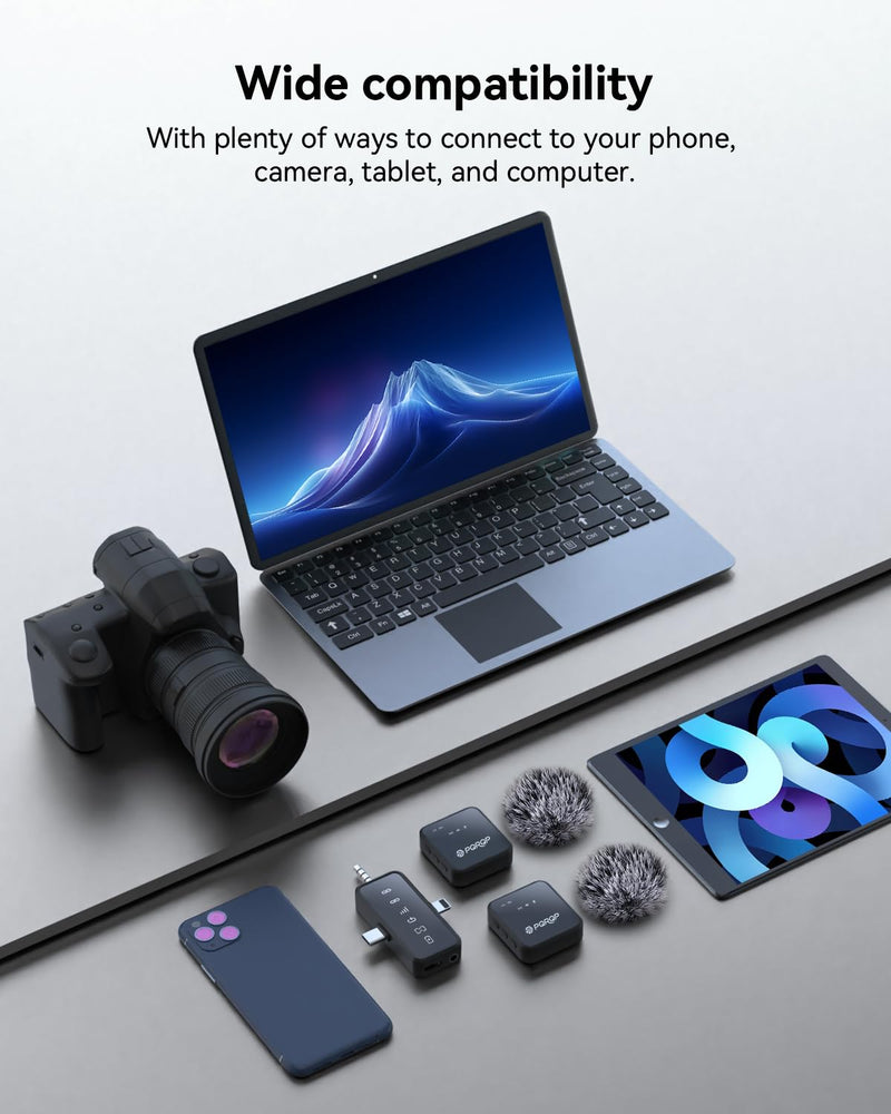[AUSTRALIA] - PQRQP 3 in 1 Microphone for iPhone/Android/Camera, Wireless Microphones, 328ft Transmission, 18H Battery Life, Mini Microphone for Record Interview, Vlogs, YouTube, Tiktok, Preamps Ebony Black 